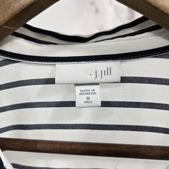 J Jill Shirt Women Medium Tall Navy White Striped Button Up Blouse Nautical - Picture 3 of 13